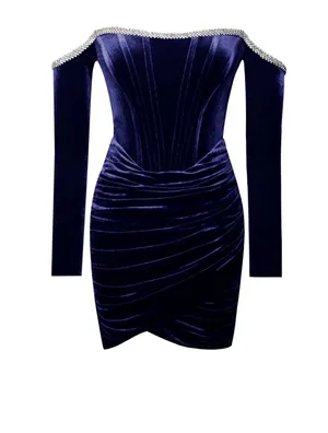 Navy Velvet Off Shoulder Corset Dress With Crystal Trim thumbnail 7