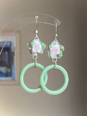 Handmade flower glass beads & green circle hoop unique fairy cottage retro style dangle earrings 🌼💚 thumbnail 1