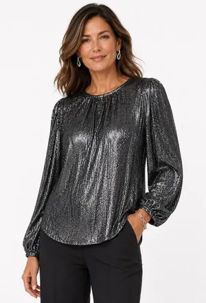 Loft Shimmer Metallic Pleated Blouse Silver Holiday Party Puff Sleeve Size L thumbnail 1