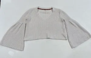 Free People Cream Cropped Bell Sleeve Sweater Women XS Boho Knit V Neck Top thumbnail 1
