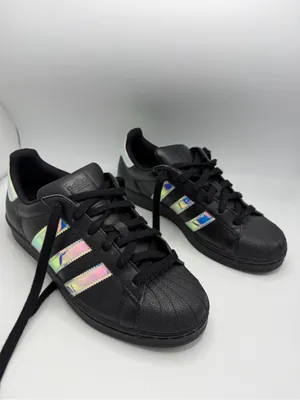 adidas Black Superstar Sneakers with Iridescent Stripes Size 7.5 thumbnail 2