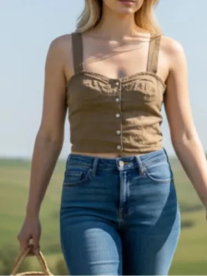 Elsa Esturgie Linen Blend Bustier Crop Top Tan Button Front 36 thumbnail 1