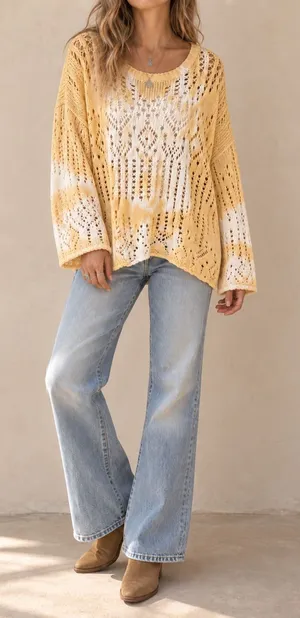 Yellow White Tie Dye Open Knit Cotton Oversized Sweater Small Boho Coastal thumbnail 1