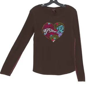 Vintage Lucky Brand Top Y2K Embroidered Boho Hippie Festival Thermal Brown Large thumbnail 7