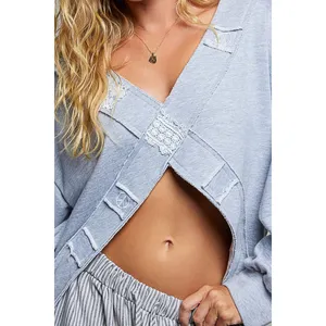 POL Exposed Outseam Crochet Patch V-Neck Sweatshirt with Open Wrap - Large thumbnail 5