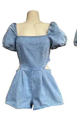 Altar'd State Y2K Festival Summer square neck puff sleeve cut out waist Denim Romper size S thumbnail 1