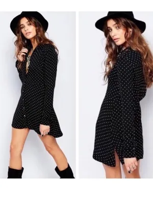 Free People This Town Printed Button Down Dress Black and White Polka Dot Medium thumbnail 2