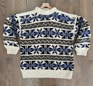 Anthropologie Vintage Heavy Knit 100% Wool Fair Isle Crewneck Sweater Cream, Blue, Brown M thumbnail 1