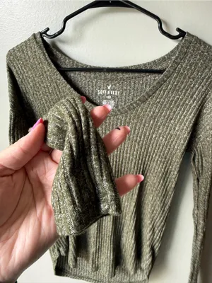 American Eagle Soft & Sexy Ribbed Long Sleeve Top Olive Green XS thumbnail 3
