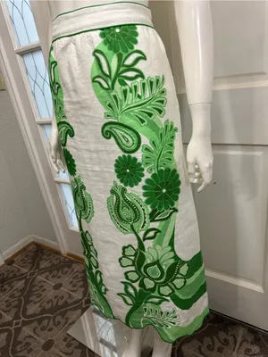 FARM RIO Women’s Midi Skirt White Green Floral Festival Linen Size Large thumbnail 16