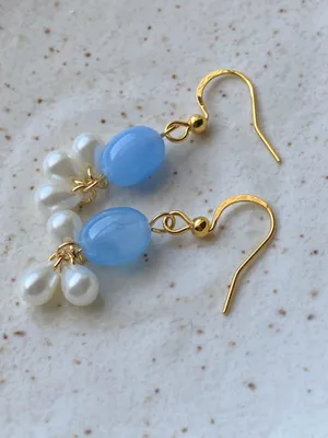Handmade beautiful German beads & faux pearl dangle earrings🩵 thumbnail 6
