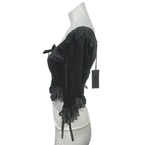 Dolls Kill Widow Black Velvet Velour Lace Sheer 3/4 Sleeve Crop Blouse Top XXS thumbnail 2
