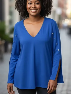Melissa Paige Woman 1X Top Tunic Button Shoulders Slit Sleave Royal Blue Office thumbnail 1