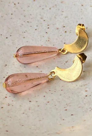 Handmade light pink Czech glass teardrop & moon cute fairy dangle earrings🩷🌛 thumbnail 5