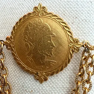 Vintage Gold Tone Classical Medallion Double Chain Swag Brooch thumbnail 4