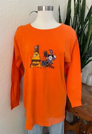 Vintage Halloween Long Sleeve Shirt Orange Graphic 90s witch ghost fall medium‎ thumbnail 1