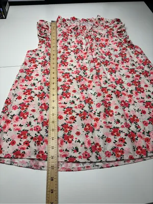 Sleeveless Floral Blouse Pink Coral and White Ruffle Neck Size L NWOT Romantic thumbnail 4
