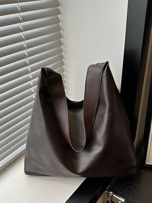 Minimalist Dark Brown faux Leather large Shoulder tote Bag thumbnail 2