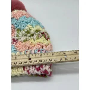 Handmade Knit Hat Beanie Womens One Size Multicolor Pom Bobble Chevron Winter thumbnail 4