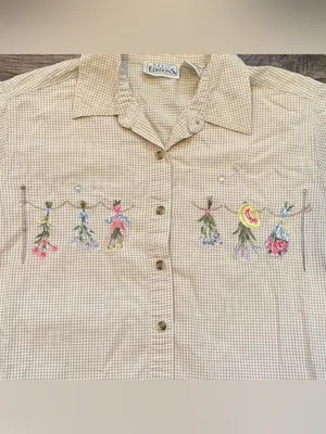 Basic Editions Gingham Short Sleeve Button Down Cottage Core Medium Embroidery White thumbnail 3
