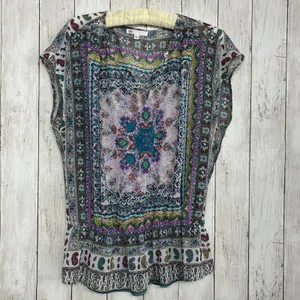 DR2 Sheer Colorful Geometric Pattern Lightweight V Neck Sleeveless Blouse Large thumbnail 2