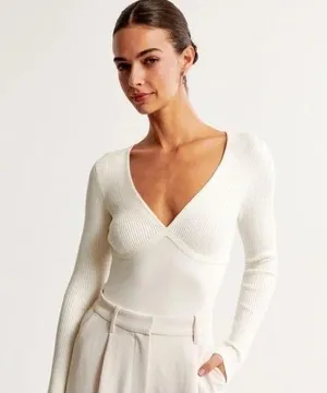 Abercrombie & Fitch V-Neck Ribbed Sweater Bodysuit in Cream Women’s Size XS thumbnail 1