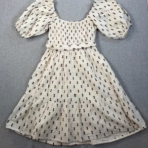 Sim & Sam Women's Small Cream Black Smocked Off Shoulder Tiered Mini Dress thumbnail 10