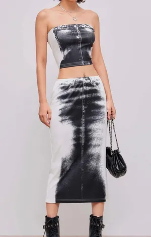 Cider | Black & White Tube Abstract Crop Top & Mid Rise Two-Piece Midi Skirt Set thumbnail 1