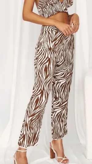 12th Tribe Mid Rise Straight Leg Ankle Trousers Pants Cream Brown Zebra Size S thumbnail 1