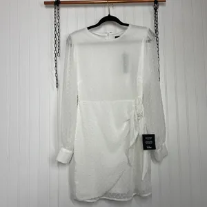 Lulus Much Love White Swiss Dot Tie Front Long Sleeve Mini Dress Small NWT thumbnail 4