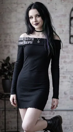 Y2K Black Off Shoulder Sweater Mini Dress Buckle Ribbed Knit Goth Grunge M thumbnail 1