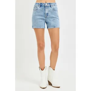 RISEN High Rise Denim Shorts‎ with Embroidered Detail - Medium thumbnail 2