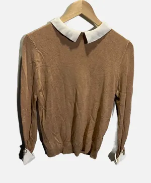 Zara Knit Sweater Women Medium Brown Peter Pan Collar Pearl Cuff Preppy‎ Office thumbnail 1