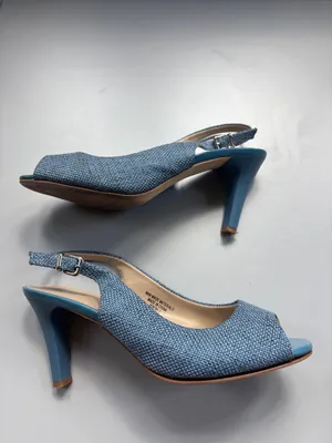 Queue Blue Woven Tweed Slingback Peep Toe Heels Women’s Size 9 Kitten Heel Pumps thumbnail 11