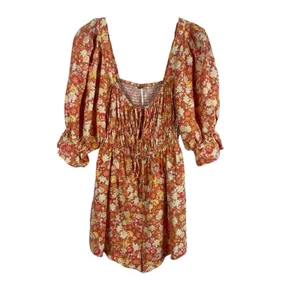 Free People Show Me Love Romper XS Floral Boho Linen Blend Smocked Puff Sleeve thumbnail 2