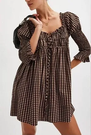 Free People Women’s Star Dip Mini Dress in Black Brown Combo Retro Babydoll Sz M thumbnail 1