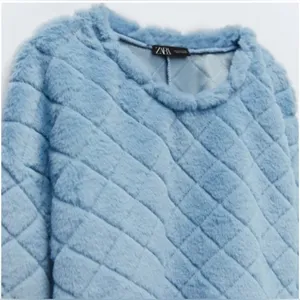 Zara Blue Quilted Soft‎ Faux Fur Fleece Cropped Crewneck Sweatshirt Sweater thumbnail 4