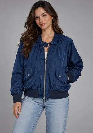 Free People Navy Satin Bomber Jacket M Lightweight thumbnail 1