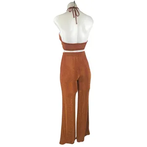 Beginning Boutique Stassie Brown Metallic Glitter Halter Top Flare Pants Set 8 thumbnail 3
