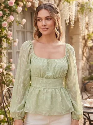 A.CALIN Flying Tomato Sage Green Texture Peplum Top‎ Balloon Sleeve Cottage Core thumbnail 1