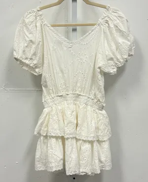 Sky to Moon Eyelet Lace Mini Dress Puff Sleeve Smocked Waist‎ Small White Boho thumbnail 1