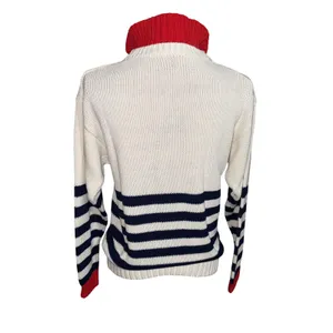 Chicken Face Intarsia Knit Sweater Women M White Blue Red Nautical‎ Coastal thumbnail 3