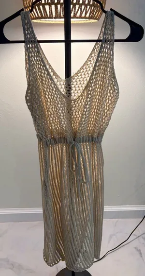 Boho Crochet Swim Cover-Up Dress in Beige thumbnail 1