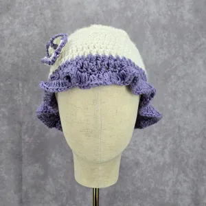 Vintage Y2K‎ Crochet Festival Kawaii Purple White Knit Beanie Floral Funky Hat thumbnail 2