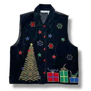 Vintage 90s DressBarn Velvet Embroidered‎ Christmas Button Up Vest Top Black XL thumbnail 12