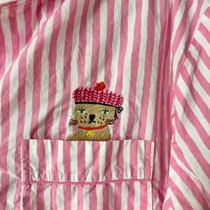 Bon‎ Artis Pink Striped Cat Embroidery Pajama Set 100% Cotton Women’s Size 1 thumbnail 9