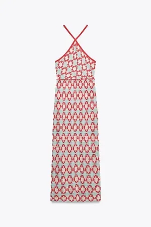 Zara Women’s Halter Knit Crochet Maxi Dress in Coral and Mint thumbnail 7