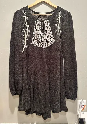 Ryu Dark Gray‎ Long Sleeve Embroidered Lace Mini Dress Medium Whimsygoth Witchy thumbnail 1