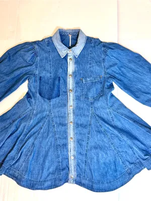 Free People Get Free Denim Mini Dress S Godet Swing Puff Sleeve Pockets Cotton thumbnail 9