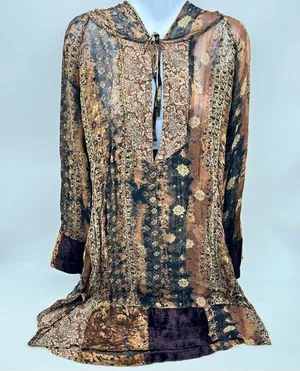 Faded Glory Brown and Gold Patterned Hoodie Tunic Blouse/Mini Dress Size S (4-6) thumbnail 1
